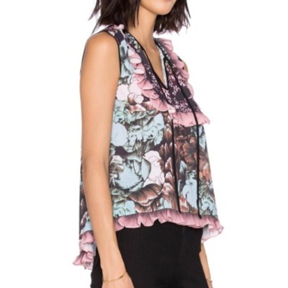 CLOVER CANYON ANTHROPOLOGIE Floral Sunset Ruffled Top Blue Pink Sleeveless Boho - Picture 4 of 14
